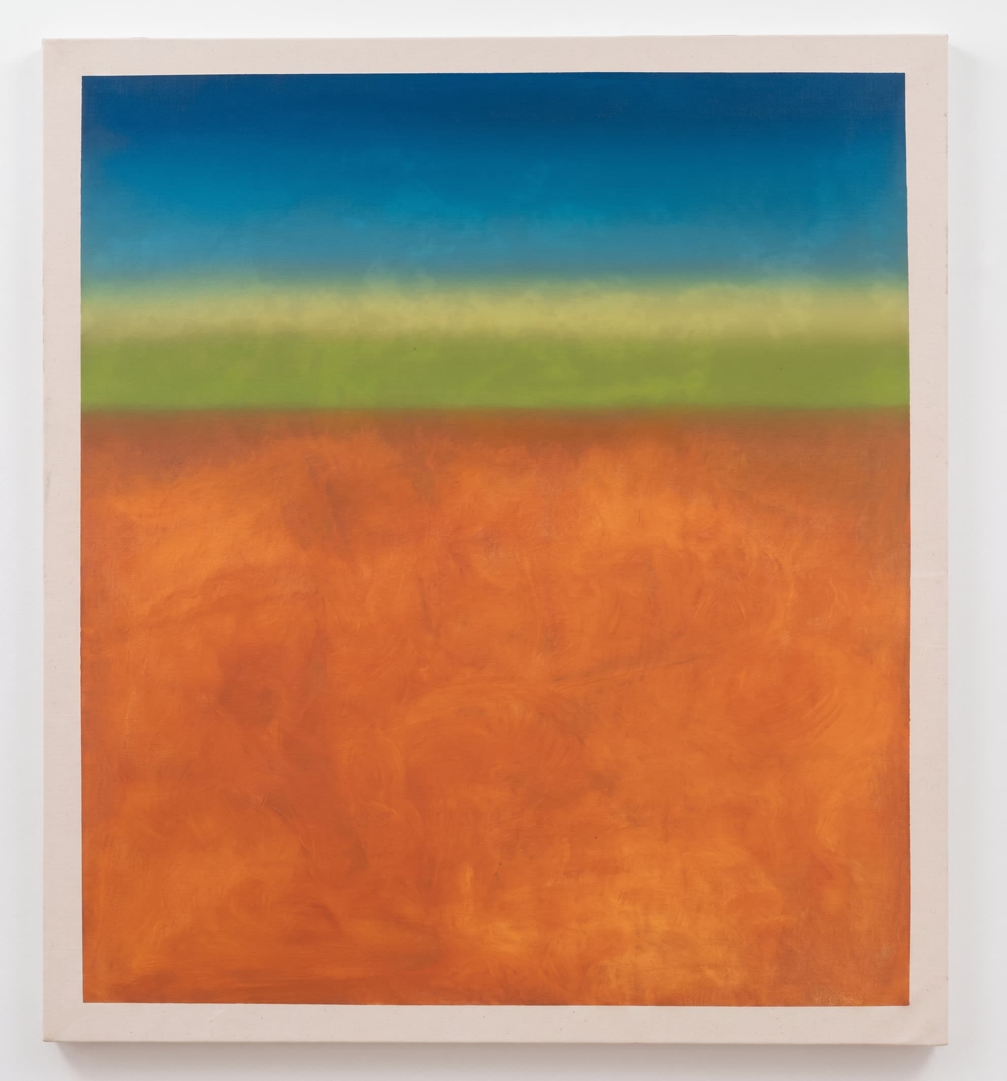 Color-field landscape, blue sky over a green horizon and orange field.