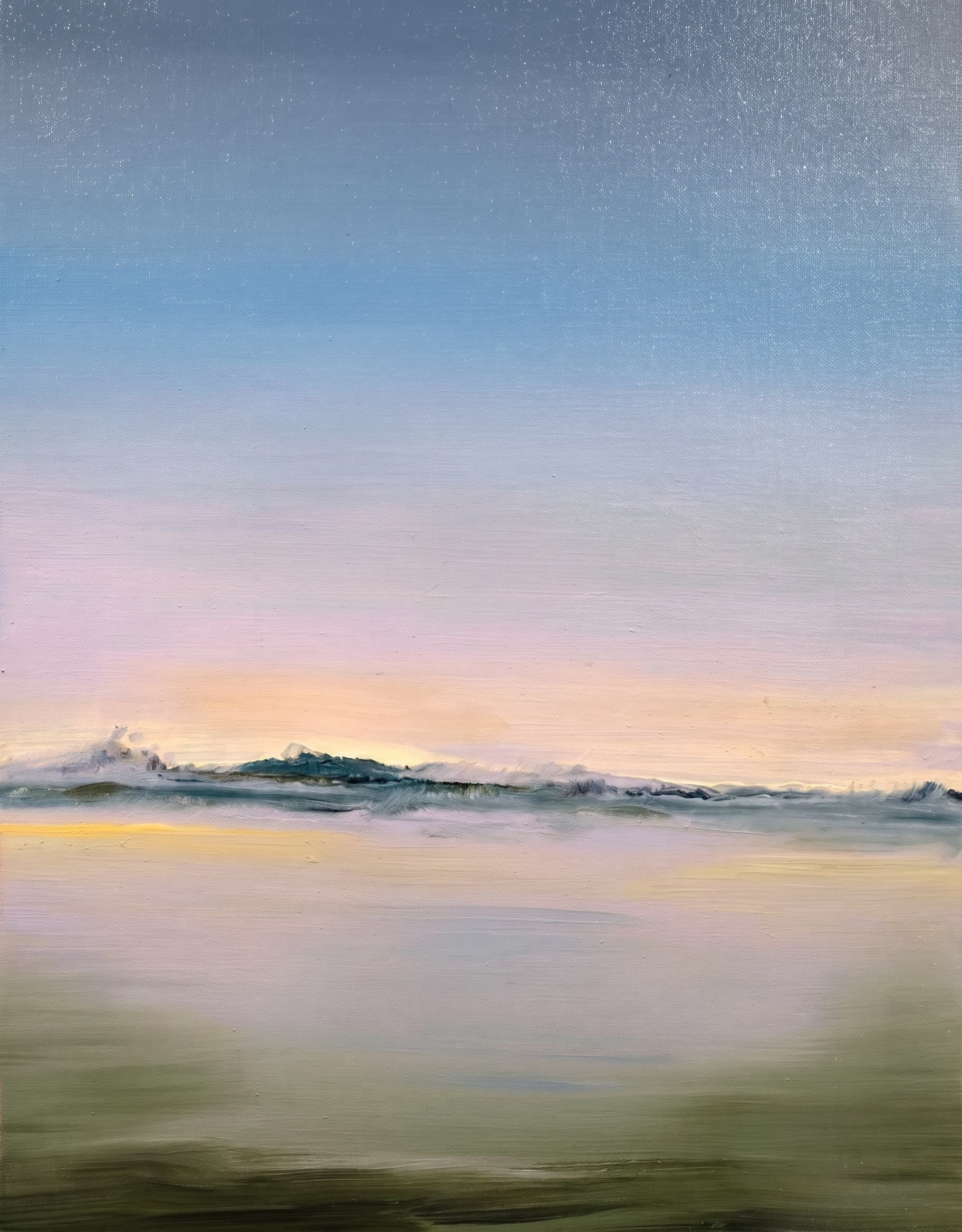 Minimal seascape, pale blue to pink sky over a low breaking wave.