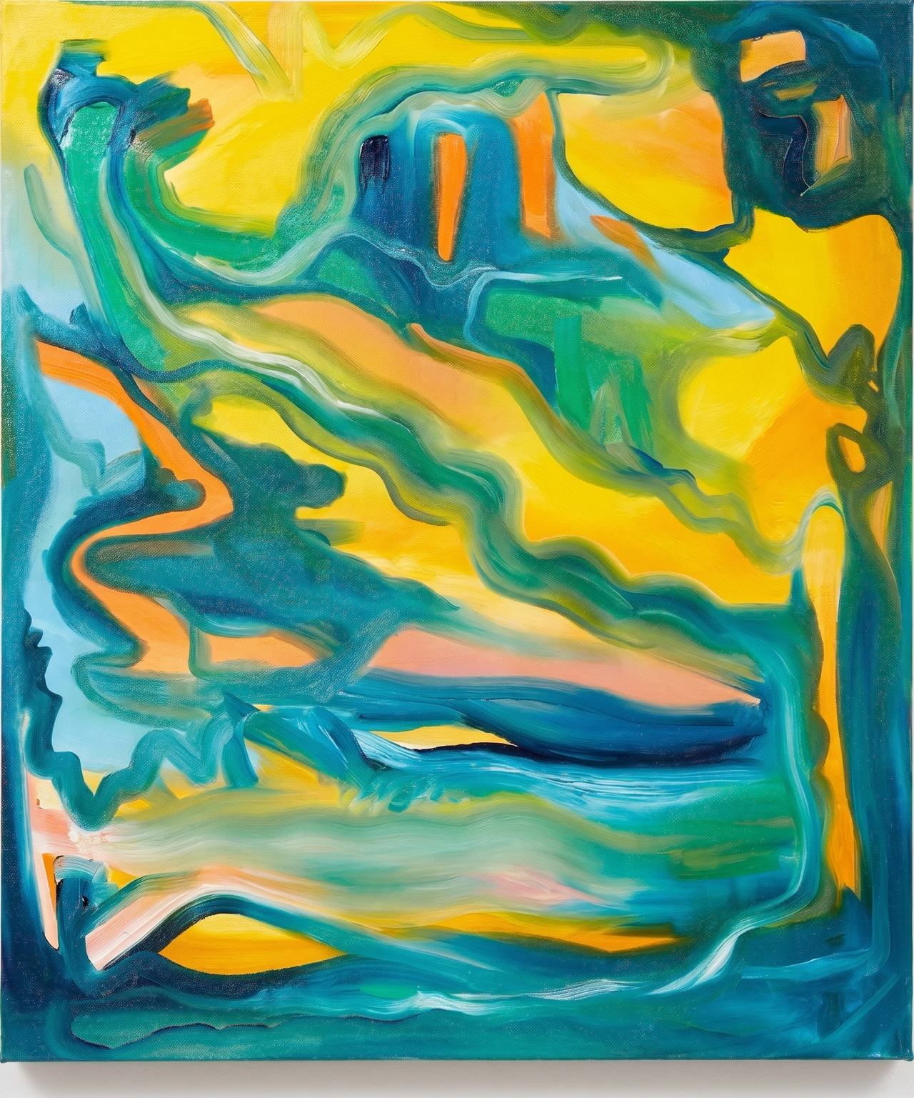 Swirling teal, blue, green and peach gestural oil strokes.