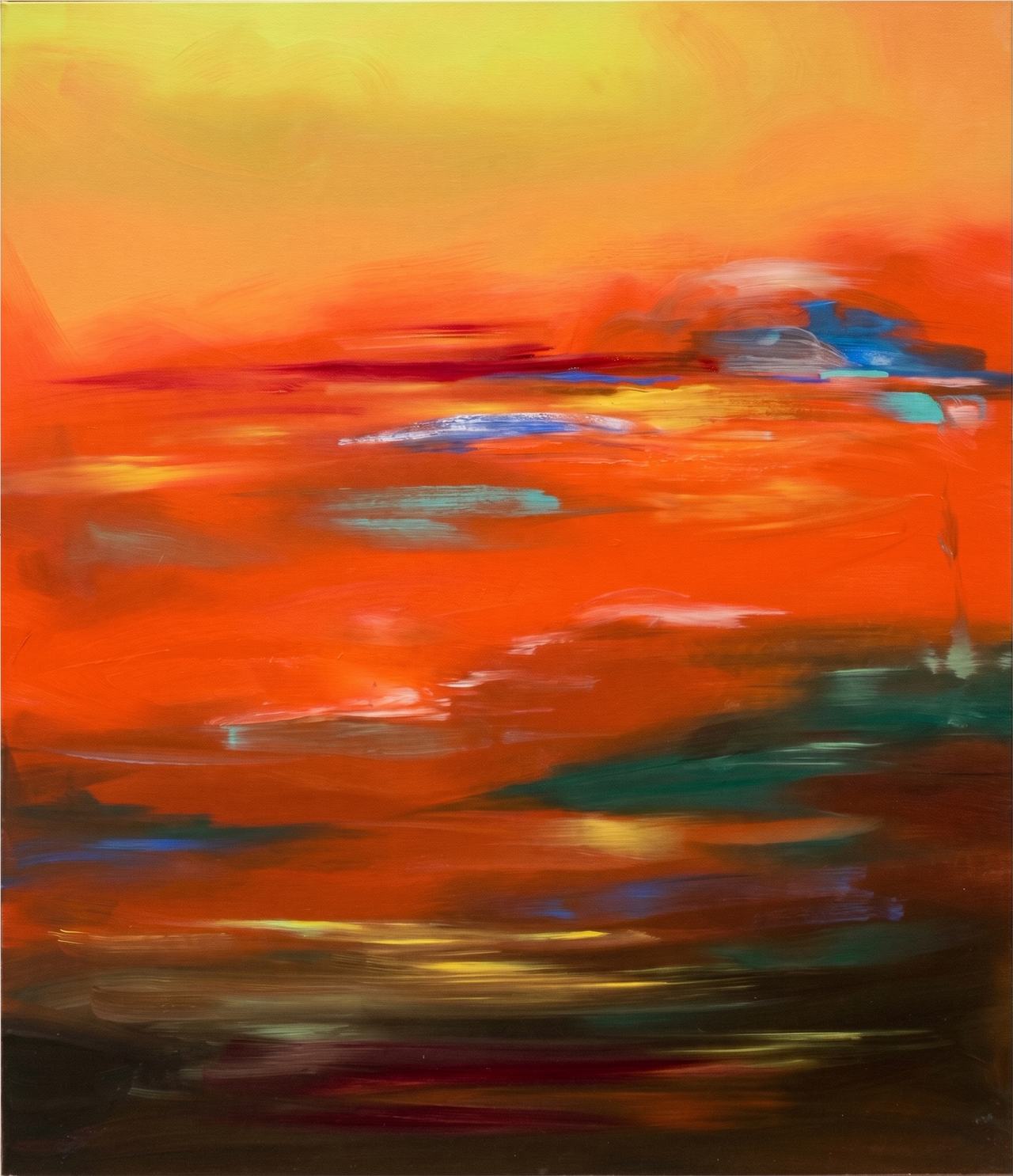 Atmospheric abstract of molten orange and red with blue and teal streaks.