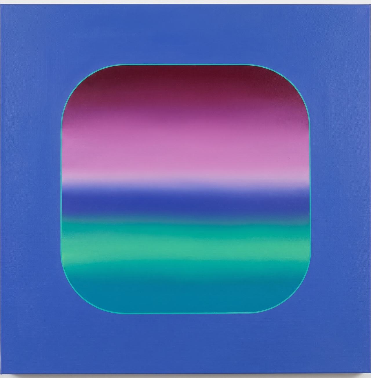 Cobalt canvas holding a rounded-square window of sunset gradient.