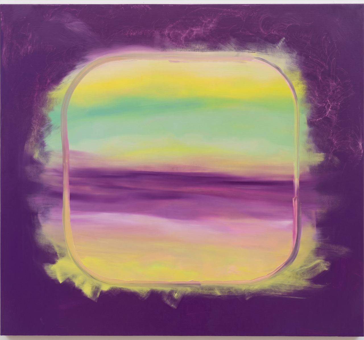 Deep purple ground around a soft yellow, green and purple horizon window.