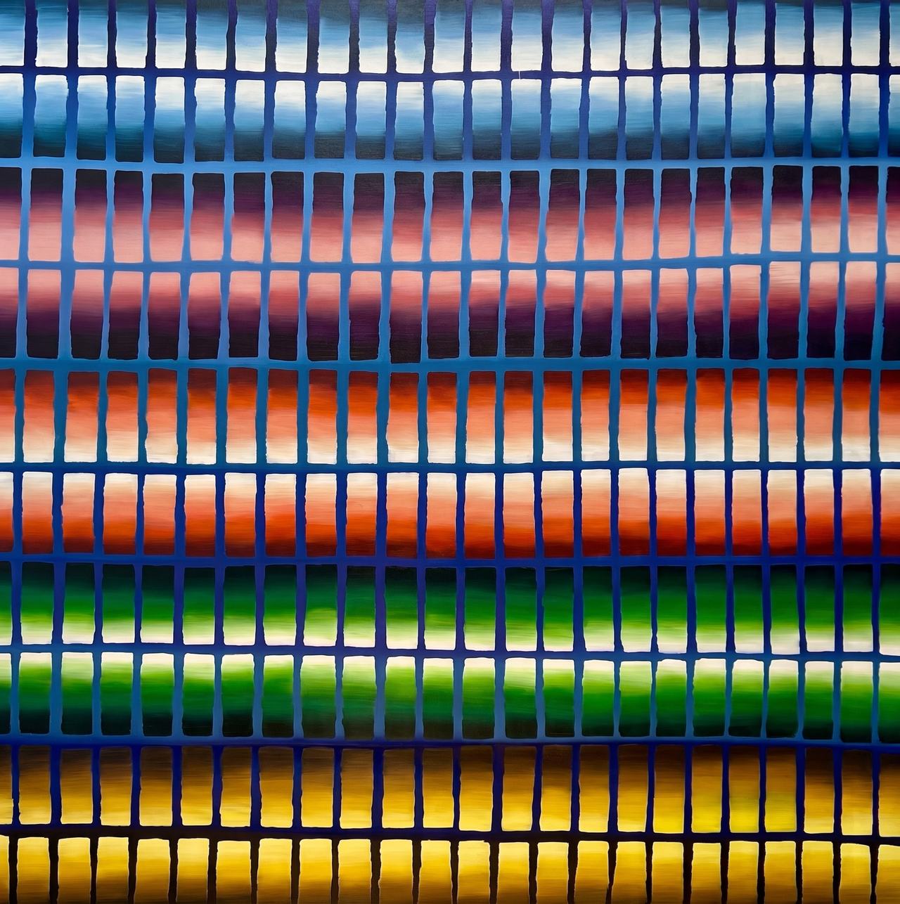 Luminous grid of shifting gradient tiles on a blue lattice.