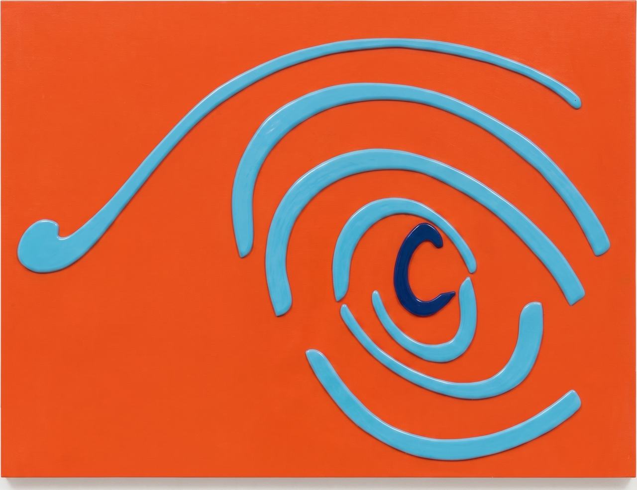 Orange panel with a light-blue spiral curling into a dark navy center.