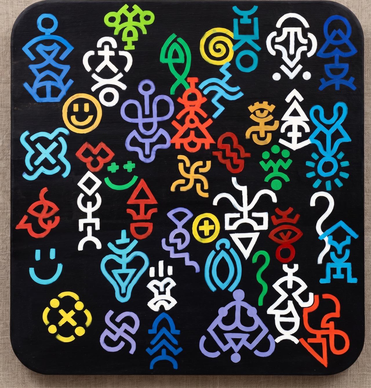 Dark panel scattered with dozens of small multicolor pictograph symbols.