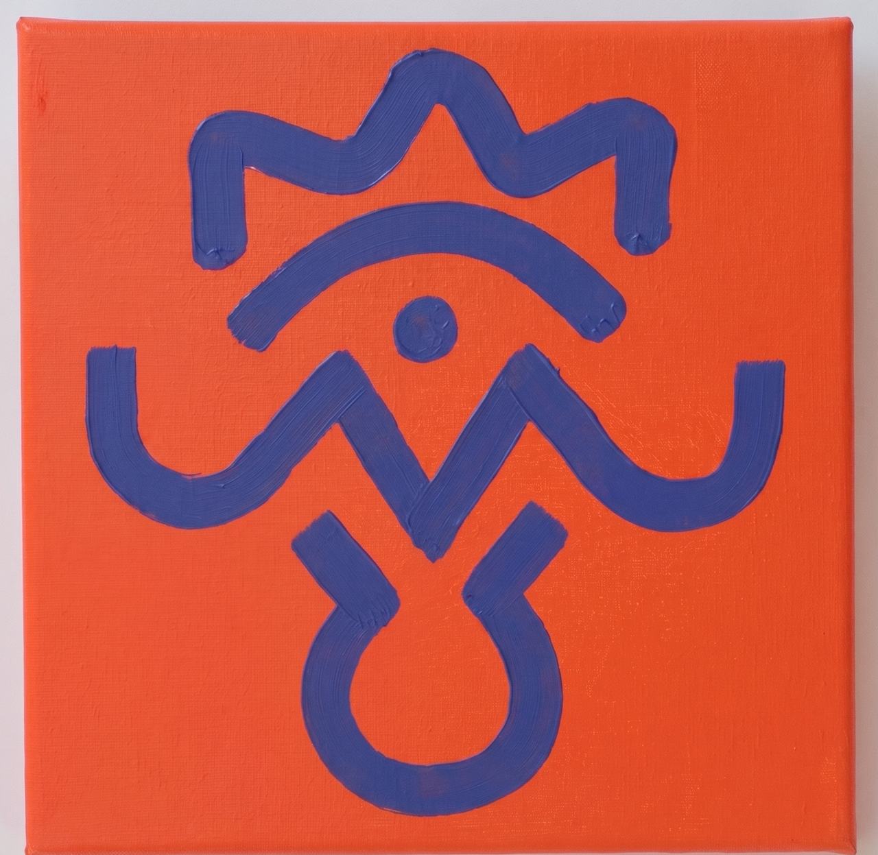 Orange canvas with a blue and violet crown-and-eye totem symbol.