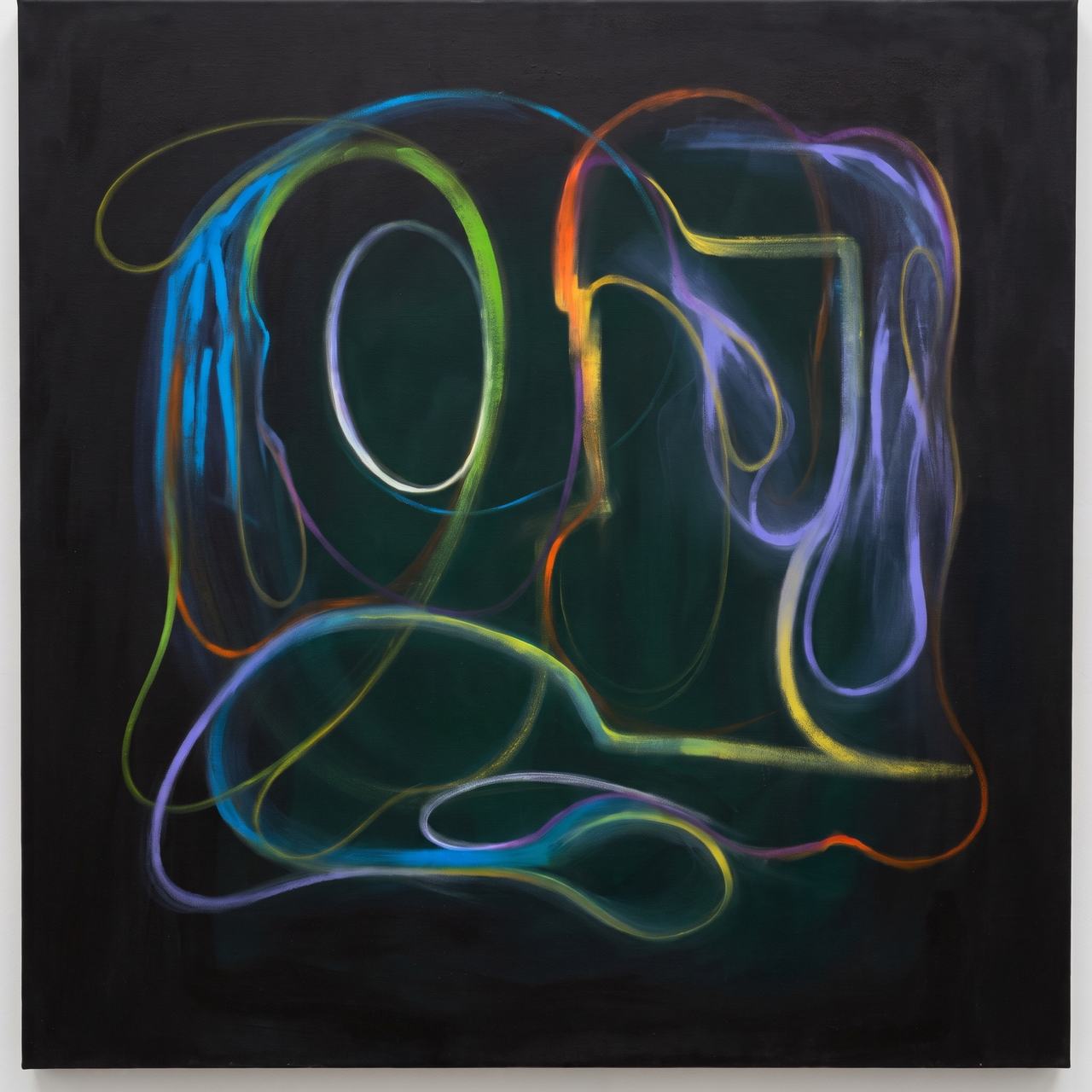 Glowing loops of blue, green, orange and violet on a green-black canvas.
