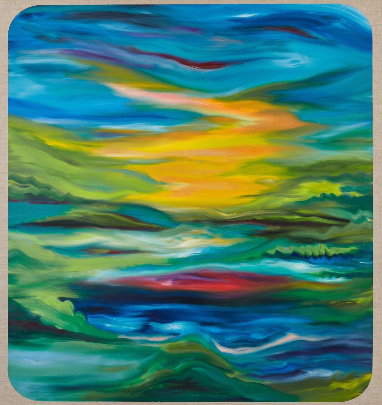 Abstract blue, green and gold seascape with a red accent band.