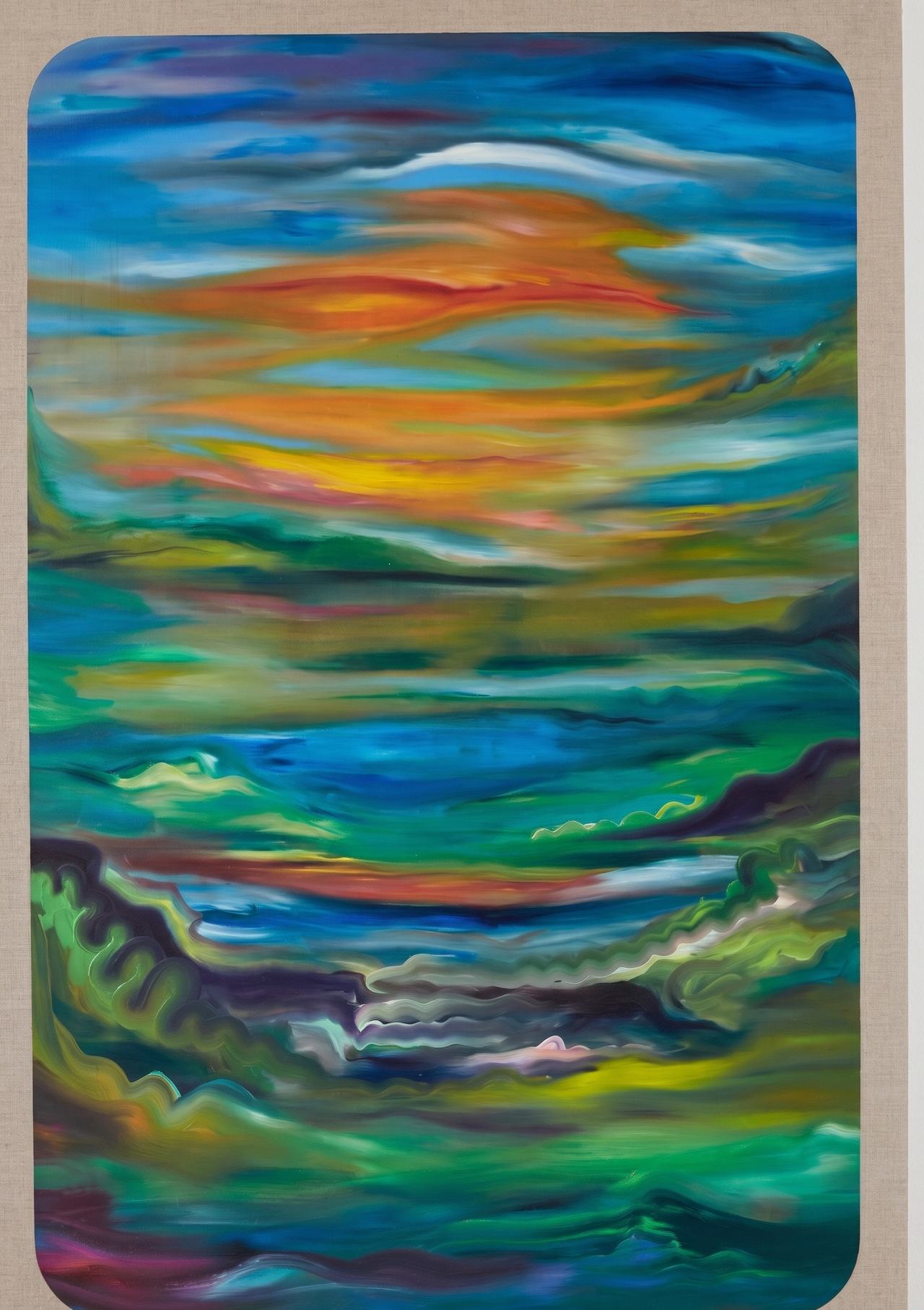 Tall vertical abstract sunset seascape with rippled detail.