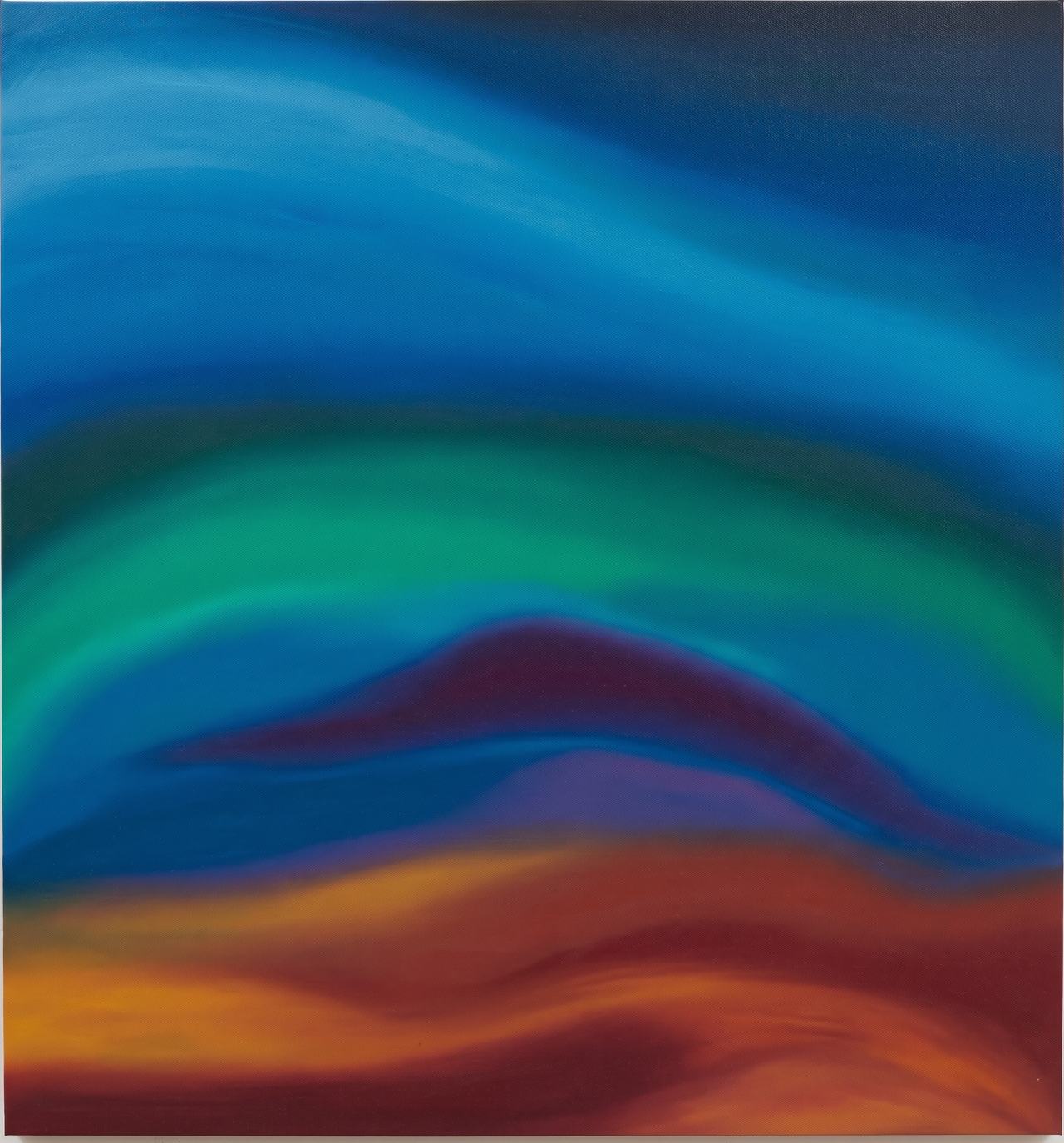 Horizontal atmospheric bands of blue sky, green aurora and a red dune.