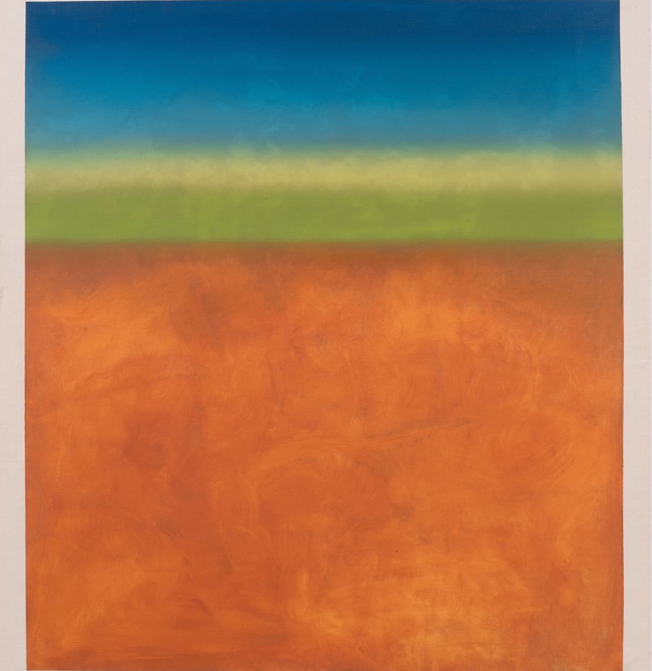 Color-field landscape, blue sky over a green horizon and orange field.
