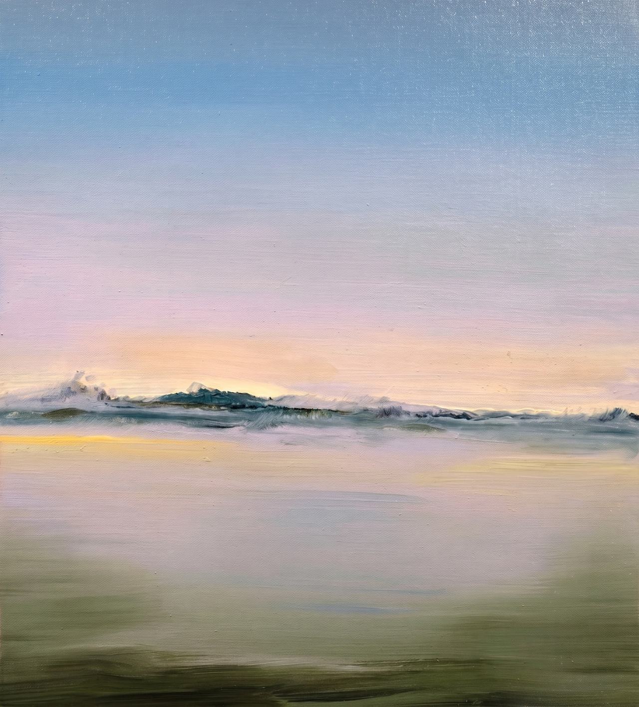 Minimal seascape, pale blue to pink sky over a low breaking wave.